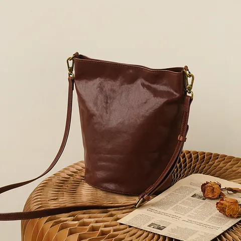 Genuine Leather Bucket Bag For Women Large Capacity Top Layer Cowhide Shoulder Crossbody Bag Urban Minimalist Handbag