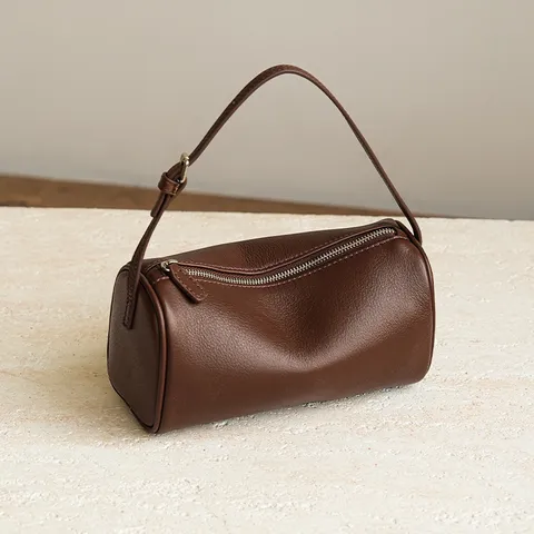 Women's Genuine Leather Cylinder Shoulder Bag Casual Commuter Solid Color Zipper Underarm Pillow Bag Fashion Handbag