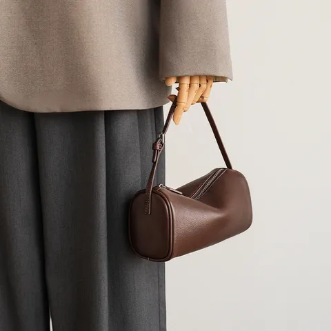 Women's Genuine Leather Cylinder Shoulder Bag Casual Commuter Solid Color Zipper Underarm Pillow Bag Fashion Handbag