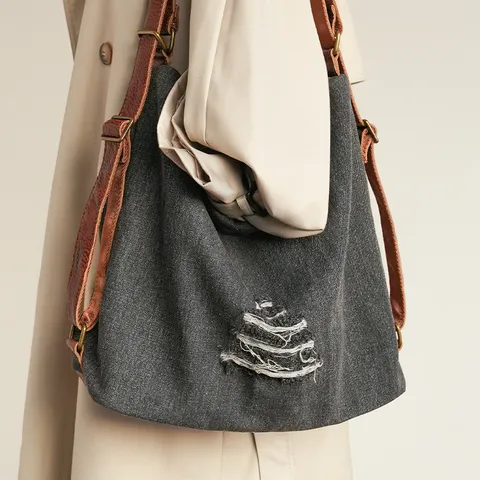 Vintage Distressed Denim Tote Bag Women Casual Large Capacity Multifunctional Backpack Travel Shoulder Bag