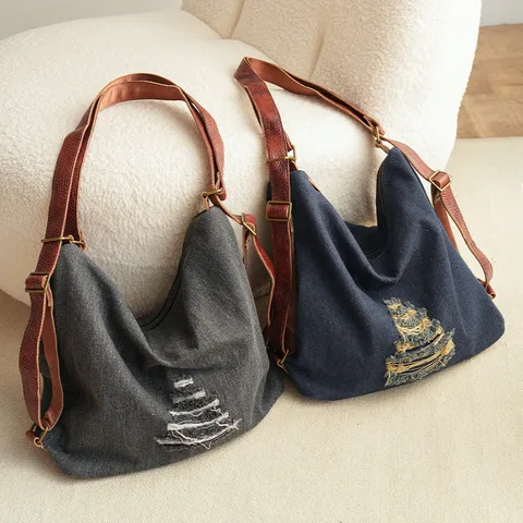 Vintage Distressed Denim Tote Bag Women Casual Large Capacity Multifunctional Backpack Travel Shoulder Bag