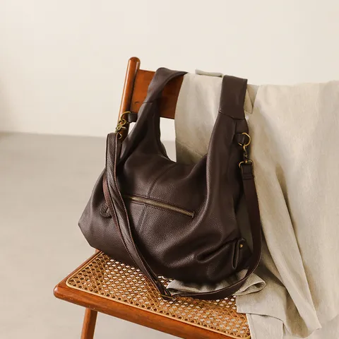 Women Vintage Cowhide Leather Tote Bag Large Capacity Casual Commuter Shoulder Underarm Bag Solid Color Top Handle Bag