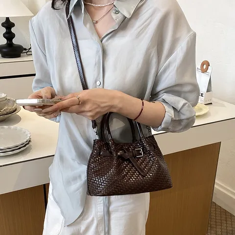 Borsa a Secchiello da Donna in Pelle PU con Motivo Intrecciato Classica Elegante Borsa a Mano Tracolla Casual Abbinamento Quotidiano
