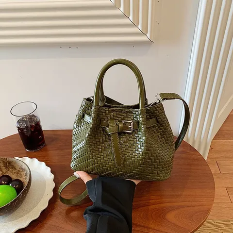 Borsa a Secchiello da Donna in Pelle PU con Motivo Intrecciato Classica Elegante Borsa a Mano Tracolla Casual Abbinamento Quotidiano