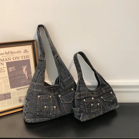 Vintage Τζιν Τσάντα Tote Μεγάλης Χωρητικότητας για Γυναίκες Retro Ξεβαμμένη Τσάντα Ώμου με Πολλές Τσέπες Casual Τσάντα Χειρός
