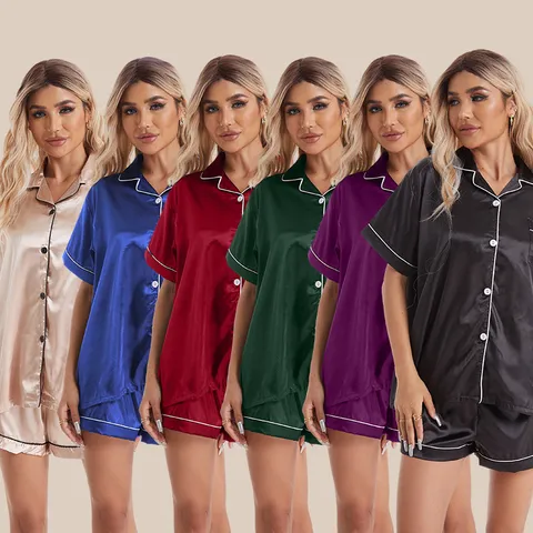 Women Satin Pajama Set Short Sleeve Button Down Top And Bottom Loungewear Contrast Piping Soft Polyester Sleepwear Nightwear Plus Size Home Wear