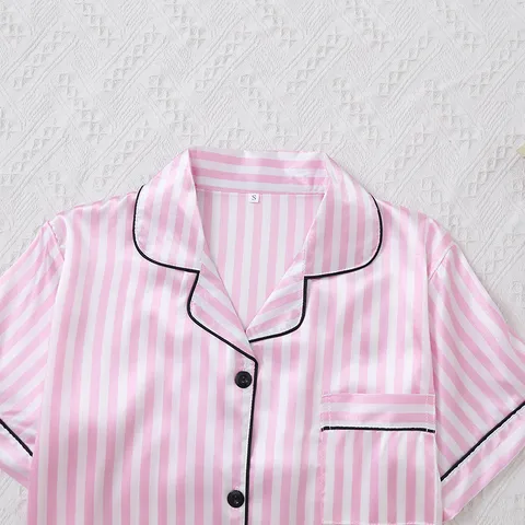 Women's Striped Satin Pajama Set Short Sleeve Button Down Top And Bottom Casual Sleepwear Summer Home Suit