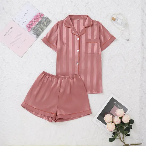 Women's Striped Satin Top And Bottom Pajamas Short Sleeve Button Down Jacquard Homewear Lounge Pajamas Sleepwear Set