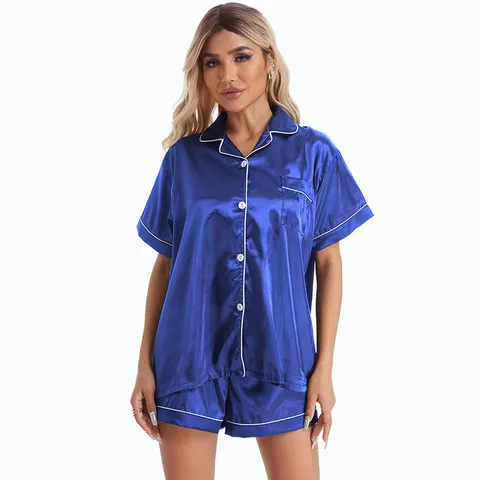 Women Satin Pajama Set Short Sleeve Button Down Top And Bottom Loungewear Contrast Piping Soft Polyester Sleepwear Nightwear Plus Size Home Wear