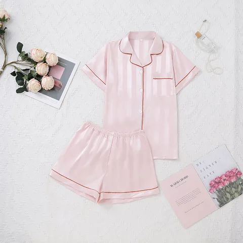 Women's Striped Satin Top And Bottom Pajamas Short Sleeve Button Down Jacquard Homewear Lounge Pajamas Sleepwear Set