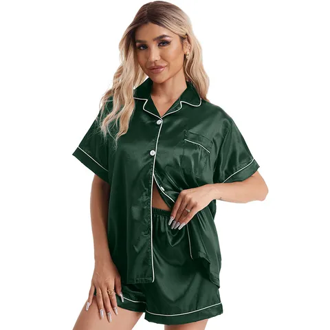 Women's Satin Pajama Set Short Sleeve Top And Bottom Loungewear V-Neck Button Down Sleepwear With Contrast Piping Plus Size Casual Home Wear