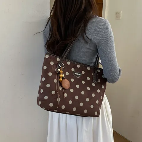Women Retro Polka Dot Tote Bag Large Capacity Commuter Shoulder Handbag Fashion Faux Leather Shopping Bag Daily Travel Purse With Tassel Pendant