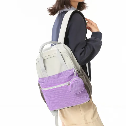 Sac à Dos Femme Minimaliste en Nylon Navetteur Couleur Unie Imperméable Sac de Voyage Mini Porte-monnaie Poche Grille