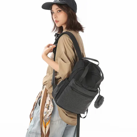 Sac à Dos Femme Minimaliste en Nylon Navetteur Couleur Unie Imperméable Sac de Voyage Mini Porte-monnaie Poche Grille
