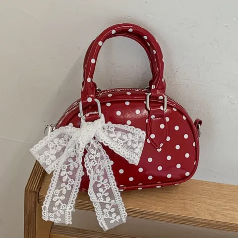 Damen Polka Dot Handtasche Luxus PU Leder Umhängetasche Mode Kleine Quadratische Schultertasche Mit Spitze Schleife Zubehör Täglich Tote