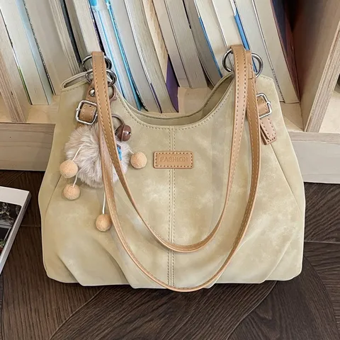 Retro PU Leather Large Capacity Tote Bag For Women All-Match Pleated Shoulder Bag Casual Stitching Commuter Top-Handle Handbag