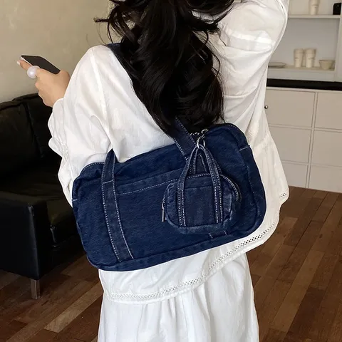 Vintage Denim Handbag For Women Casual Solid Color Shoulder Bag With Mini Coin Purse Stylish Washed Denim Tote Bag Everyday
