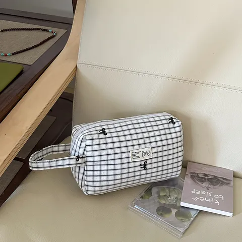 Schleife Stickerei Kosmetiktasche Große Kapazität Nylon Kariert Gestreift Reisen Hautpflege Aufbewahrungstasche Tragbar Organizer Für Damen