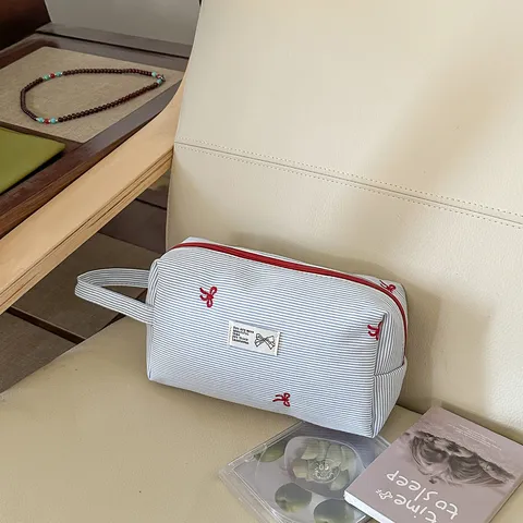 Schleife Stickerei Kosmetiktasche Große Kapazität Nylon Kariert Gestreift Reisen Hautpflege Aufbewahrungstasche Tragbar Organizer Für Damen