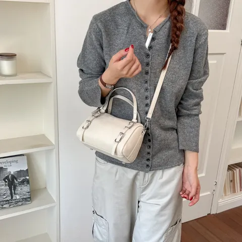 Borsa a Tracolla in Pelle PU alla Moda per Donna Cuciture alla Moda Borsa a Spalla Cilindrica Boston Classica Tinta Unita con Cerniera Borsa da Pendolarismo Giornaliera