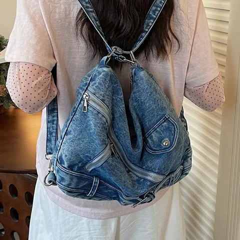 Women Casual Large Capacity Denim Backpack Vintage Washed Denim Shoulder Bag Multi-Pocket Commuter Tote Bag