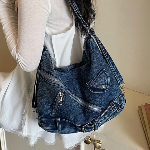 Women Casual Large Capacity Denim Backpack Vintage Washed Denim Shoulder Bag Multi-Pocket Commuter Tote Bag