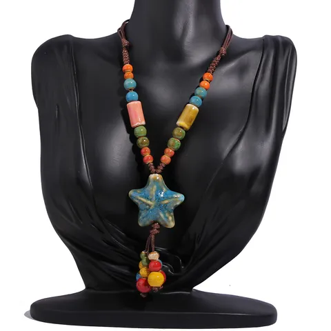 Vintage Ethnic Ceramic Starfish Pendant Long Necklace Handmade Adjustable Braided Rope Bead Sweater Chain Tassel Holiday Jewelry Gift For Women