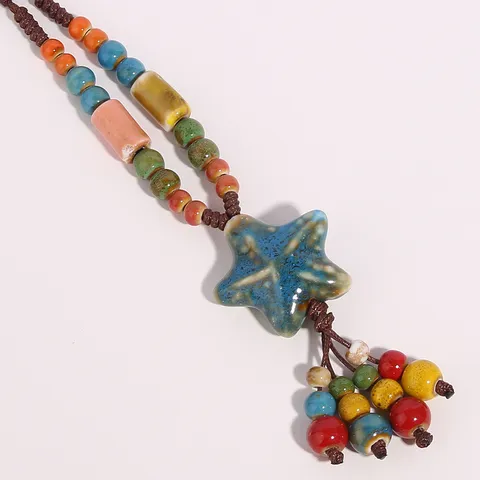 Vintage Ethnic Ceramic Starfish Pendant Long Necklace Handmade Adjustable Braided Rope Bead Sweater Chain Tassel Holiday Jewelry Gift For Women