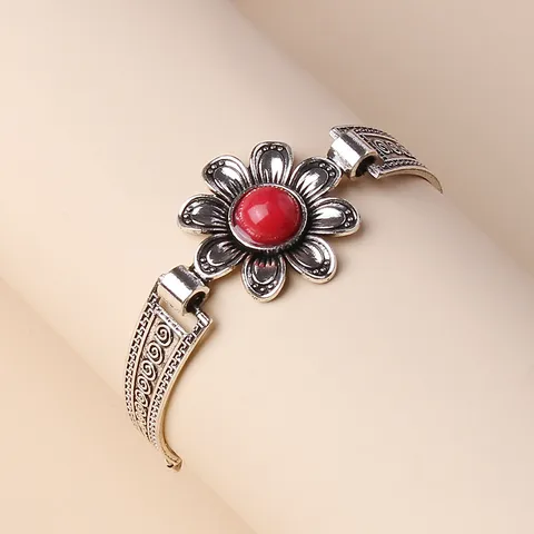 Vintage Zinc Alloy Flower Bracelet For Women Bohemian Ethnic Style Rhinestone Inlaid Adjustable Chain Wrist Jewelry Gift
