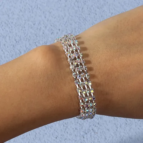 Braccialetto a Catena con Griffe e Strass di Cristallo Multistrato alla Moda per Donna Gioielli da Festa Geometrici Lucidi in Metallo Argento