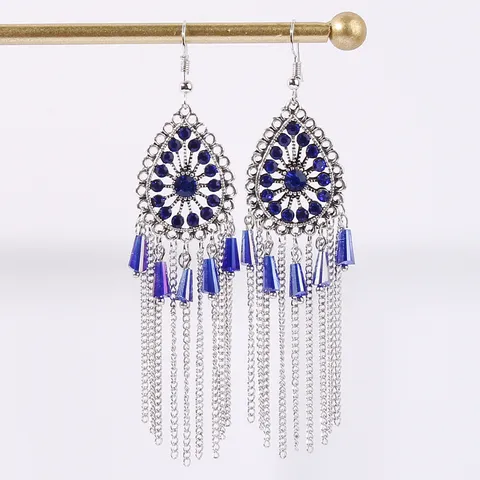 Bohemian Alloy Glass Rhinestone Waterdrop Tassel Earrings Ethnic Hollow Out Inlaid Dangle Earrings For Women Jewelry Gift