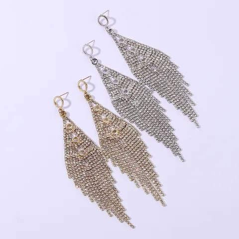 Elegant Alloy Rhinestone Long Tassel Dangle Earrings Shiny Geometric Crystal Tassel Drop Earrings For Nightclub Party Women Jewelry