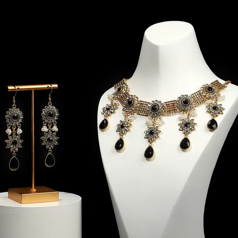 Vintage Baroque Alloy Rhinestone Jewelry Set For Women Artificial Pearl Tassel Necklace And Earrings Bridal Wedding Party Accessories