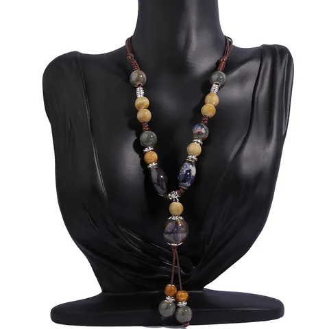 Vintage Ethnic Ceramic Beads Long Sweater Chain Necklace Handmade Geometric Tassel Pendant Necklace For Women Clothing Accessories