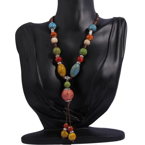 Vintage Ethnic Ceramic Beads Long Sweater Chain Necklace Handmade Geometric Tassel Pendant Necklace For Women Clothing Accessories