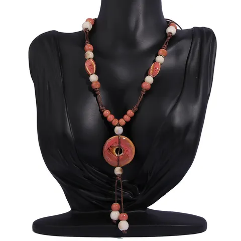Vintage Chinese Ethnic Style Ceramic Long Sweater Chain Handmade Tassel Pendant Necklace For Women Retro Geometric Jewelry