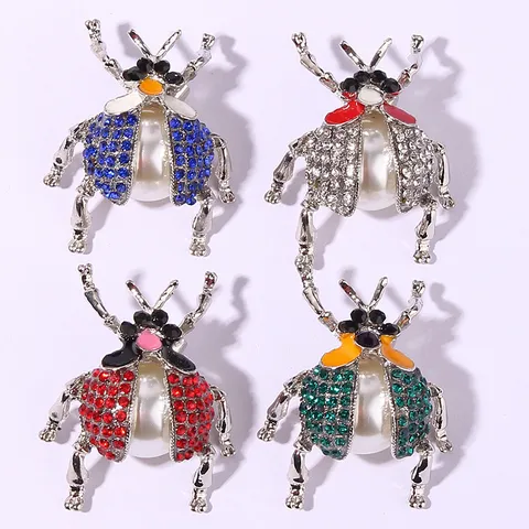 Vintage Alloy Rhinestone Beetle Brooch Creative Insect Pin Luxury Artificial Pearl Corsage For Women Clothing Dress Accessories Gift
