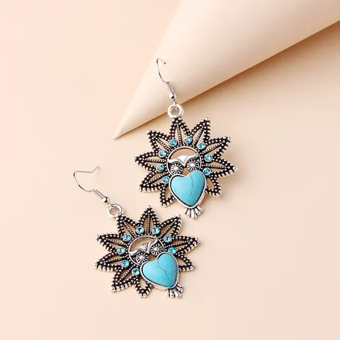 Vintage Bohemian Owl Drop Earrings Blue Artificial Turquoise Heart Rhinestone Alloy Geometric Petal Jewelry For Women