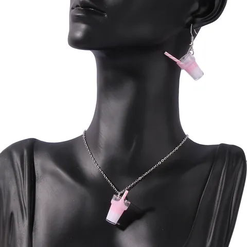 Cute Resin Ice Cream Milk Tea Cup Earrings Necklace Set For Women Creative Fun Sweet Girl Gift Alloy Rhinestone Jewelry