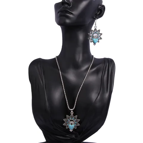 Vintage Owl Pendant Necklace Earring Set Bohemian Ethnic Style Artificial Turquoise Inlaid Rhinestone Alloy Jewelry Set For Women