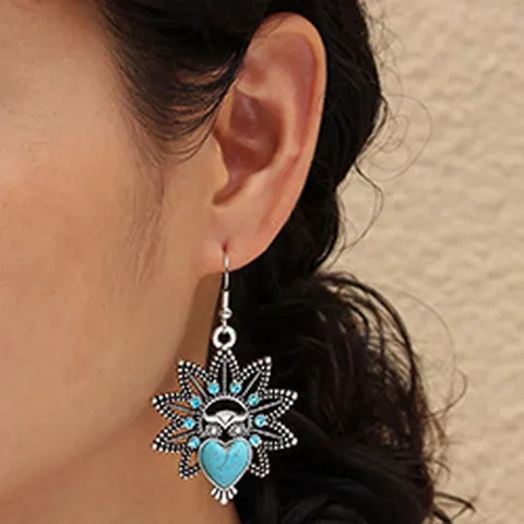 Vintage Bohemian Owl Drop Earrings Blue Artificial Turquoise Heart Rhinestone Alloy Geometric Petal Jewelry For Women