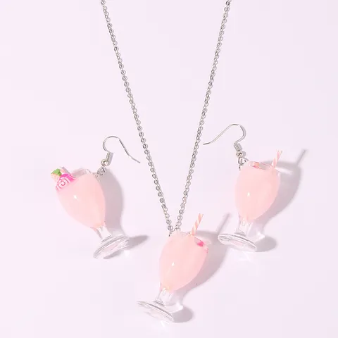 Cute Resin Juice Cup Jewelry Set Creative 3D Fruit Drink Pendant Necklace Drop Earrings For Women Fashion Alloy Jewelry Gift