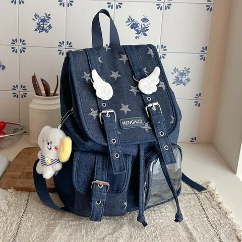 Korean Style Large Capacity Denim Backpack For Women Vintage Star Print School Bag With Angel Wings And Transparent Pocket
