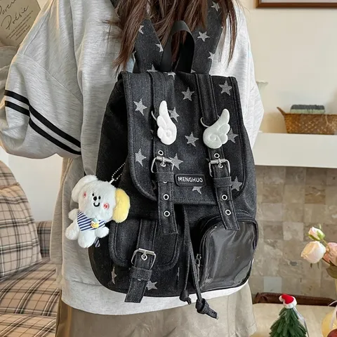 Korean Style Large Capacity Denim Backpack For Women Vintage Star Print School Bag With Angel Wings And Transparent Pocket