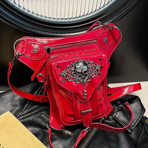 Bolso de Cintura Pierna para Mujer de Cuero PU Gótico Cyberpunk Con Calavera de Metal Remaches Cruz Moto Bandolera Riñonera