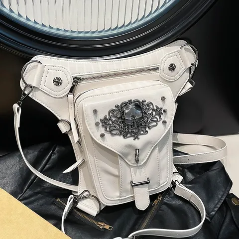 Bolso de Cintura Pierna para Mujer de Cuero PU Gótico Cyberpunk Con Calavera de Metal Remaches Cruz Moto Bandolera Riñonera