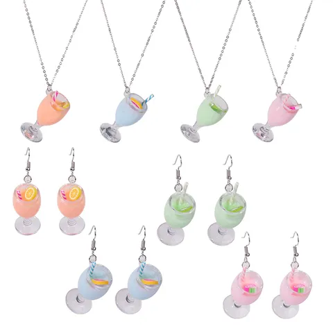 Cute Resin Lemon Juice Cup Pendant Necklace Earrings Jewelry Set Creative 3D Fruit Drink Hanging Jewelry For Summer Vacation Women Gift