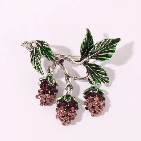 Vintage Alloy Rhinestone Flower Grape Brooch Pin Enamel Fruit Metal Pin For Women Retro Banquet Party Jewelry Gift