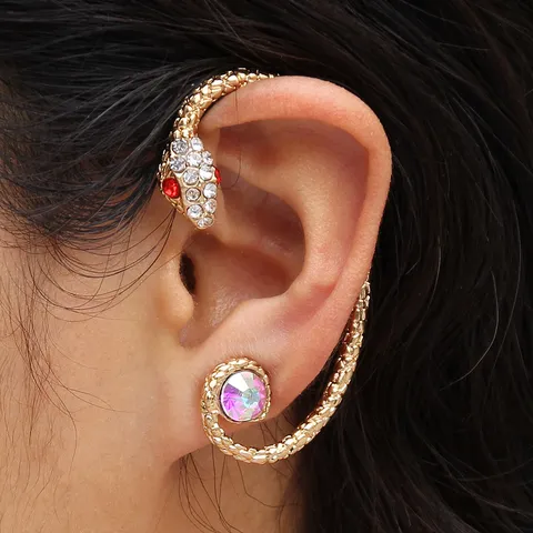 European American Fashion Snake Shaped Ear Wrap Around Earrings Alloy Rhinestone Gothic Sexy Unique Ear Cuff Jewelry For Women