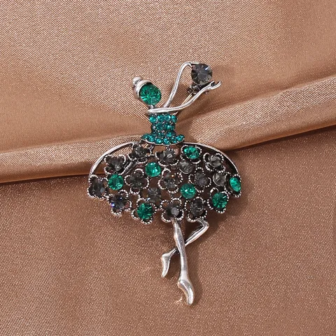 Spilla Vintage in Lega con Strass Verdi a Forma di Ballerina per Donna Elegante Spilla da Ragazza Danzante Accessorio di Abbigliamento in Metallo Retro Regalo